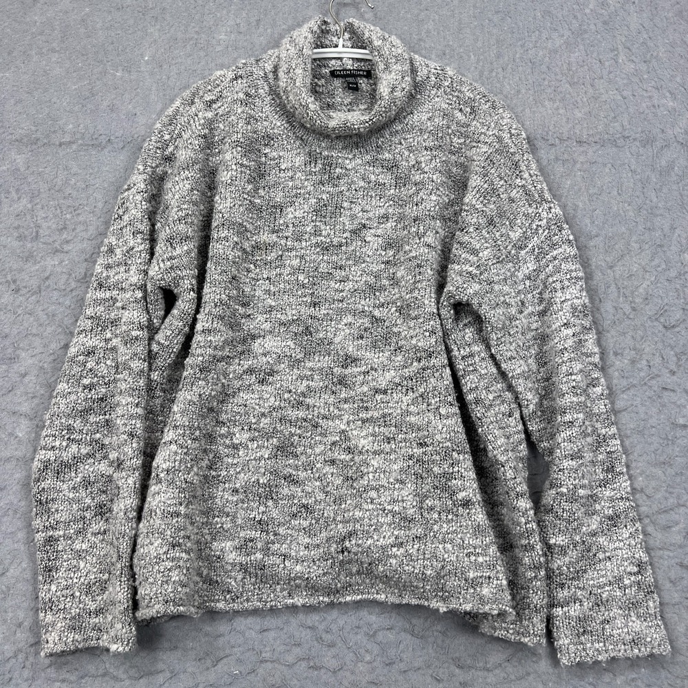 Eileen Fisher Sweater Womens XS Gray Wool Boucle Chunky Knit Cowl Neck Pullover*